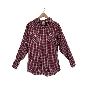 Ely Cattleman Men’s Large Red Plaid Flannel‎ Shirt Pearl Snap Western Work